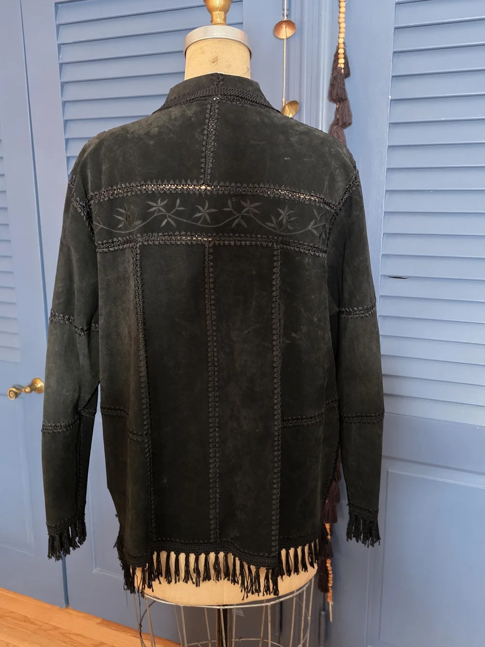 VTG Dressbarn Black Suede Leather Patchwork Western Fringe Jacket Boho 16W